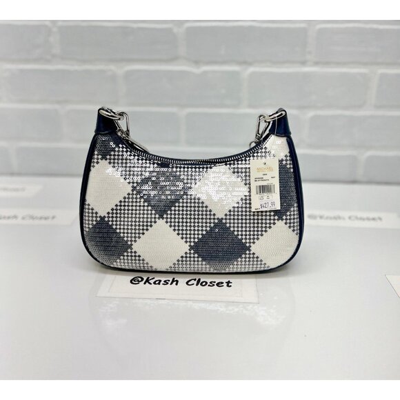 Michael Kors cora sequence plaid medium shoulder purse crossbody bag navy - Picture 4 of 6